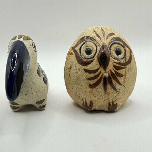 Set Of 2 Tonala Mexican Pottery Ceramic Hand Painted Mini Owl And Toucan Signed - Picture 2 of 8